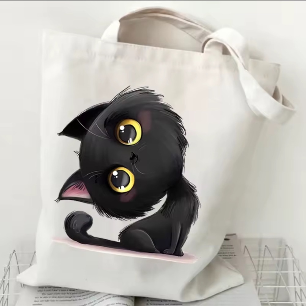 Cat Bag Canvas Tote Bag – Anime Black Cat Print 🐾
